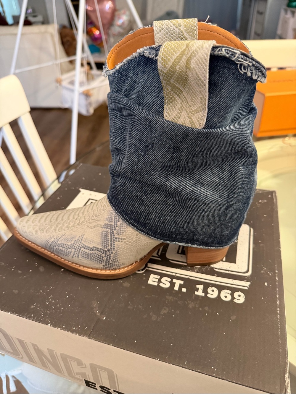 Dingo Womens Denim Western Boot with Snake-Embossed Toe